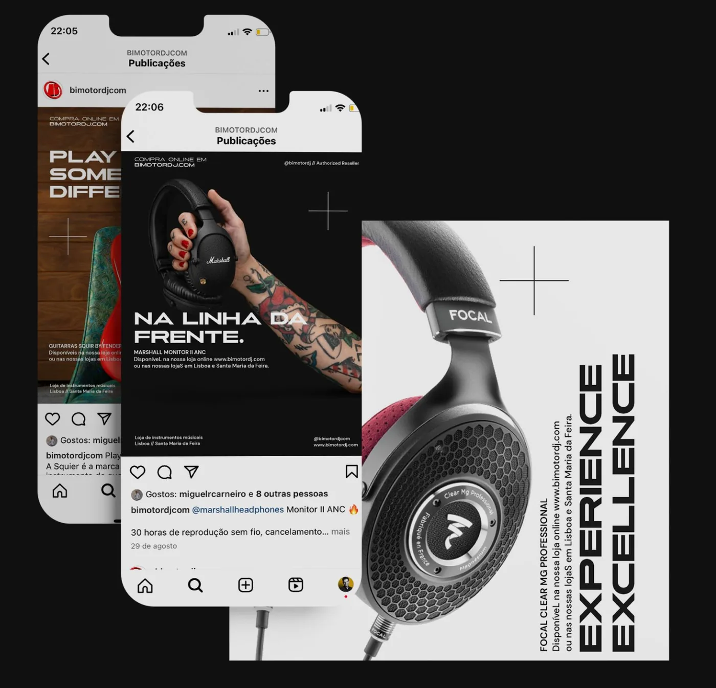 Publicações da Bimotor DJ no Instagram, com os auscultadores Marshall e Focal