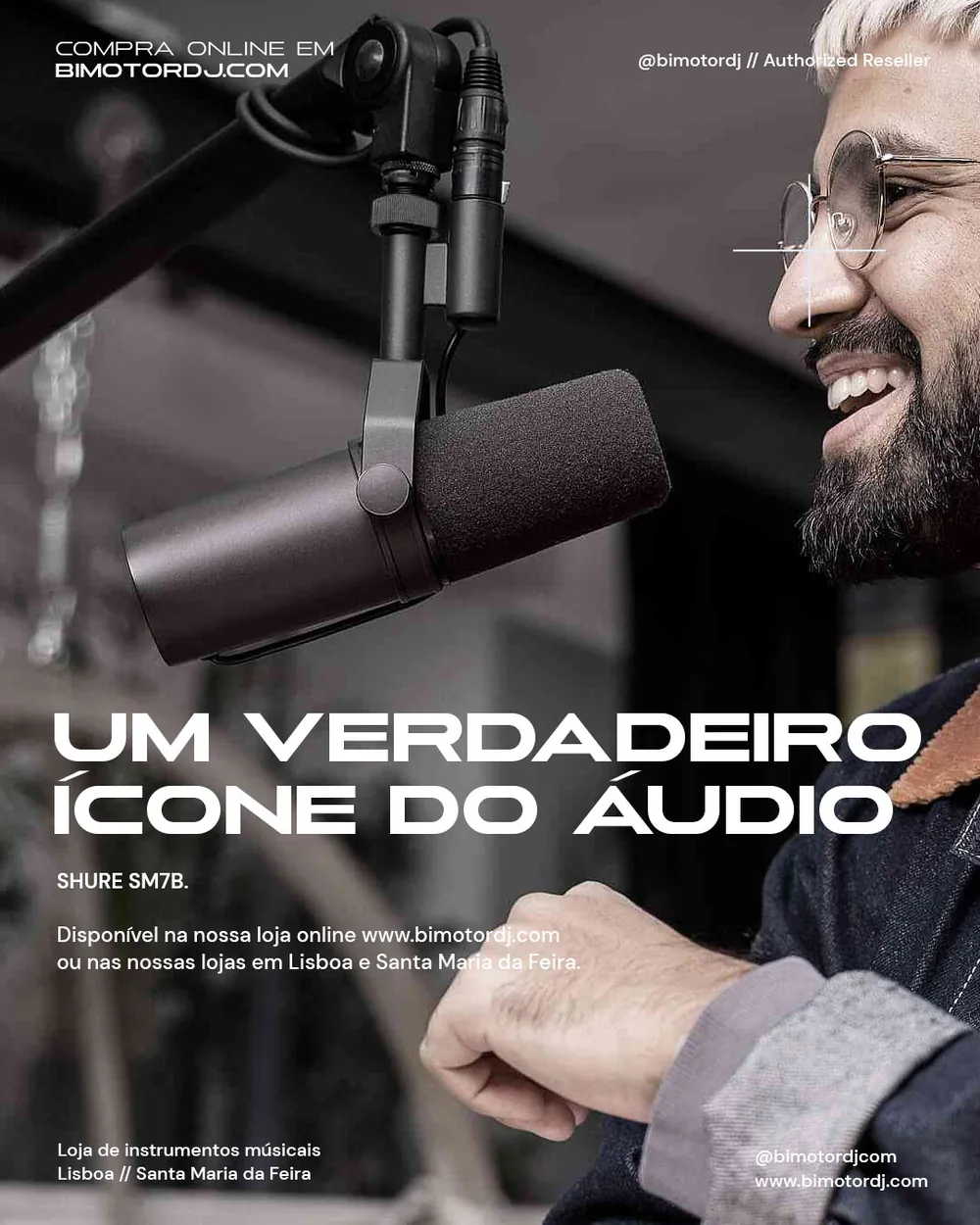 Publicação “Um verdadeiro ícone do áudio” com microfone Shure SM7B