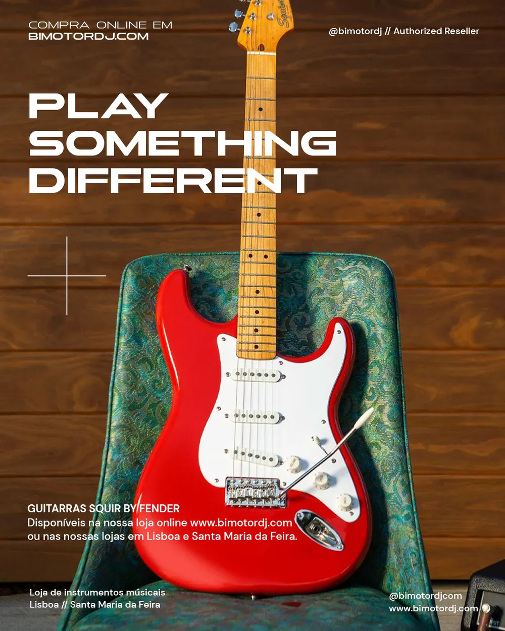 Publicação “Play something different” com guitarra Squier vermelha numa cadeira