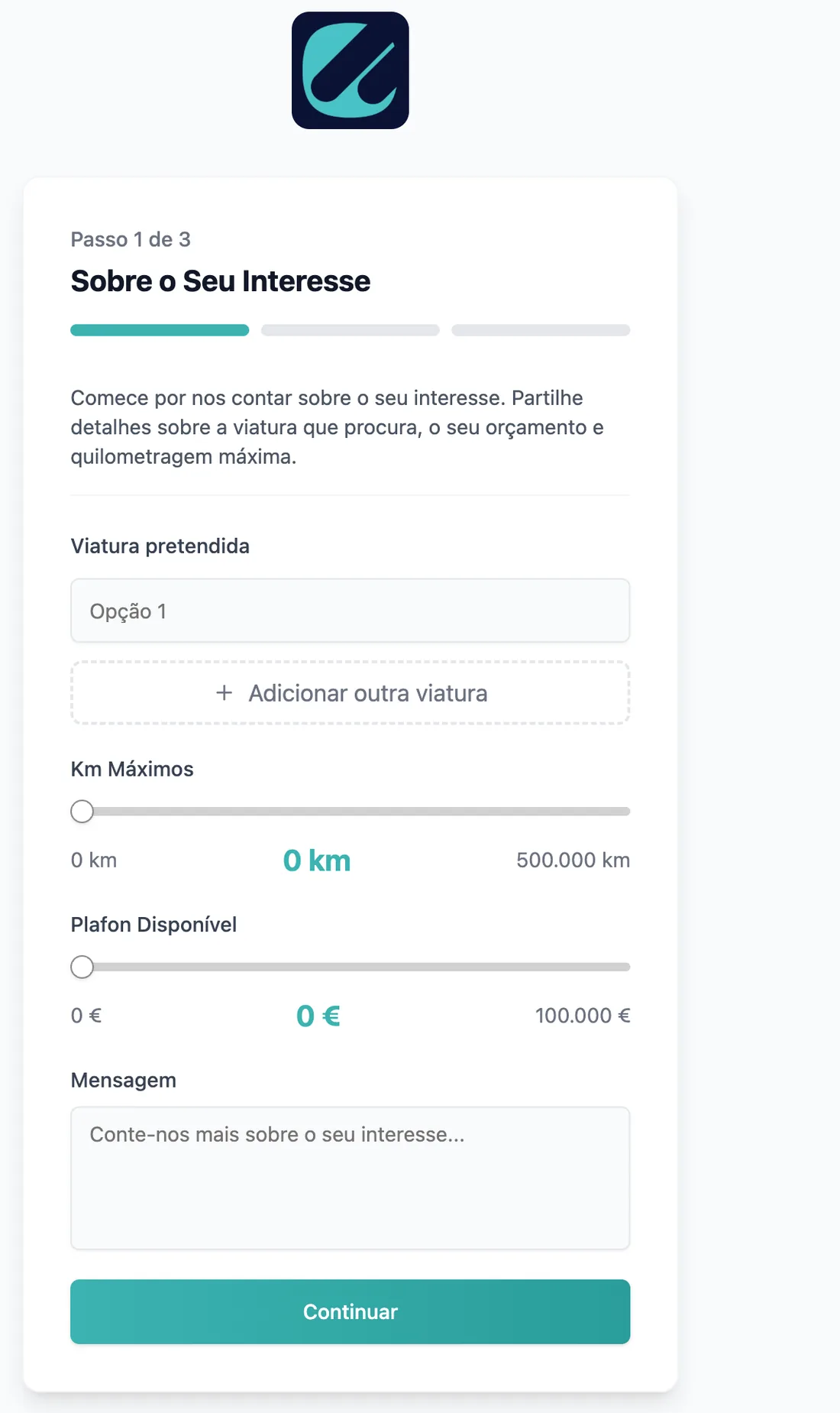 Pedido de importação: Três passos, com barras para a quilometragem e o orçamento. Menos texto e pedidos mais completos.