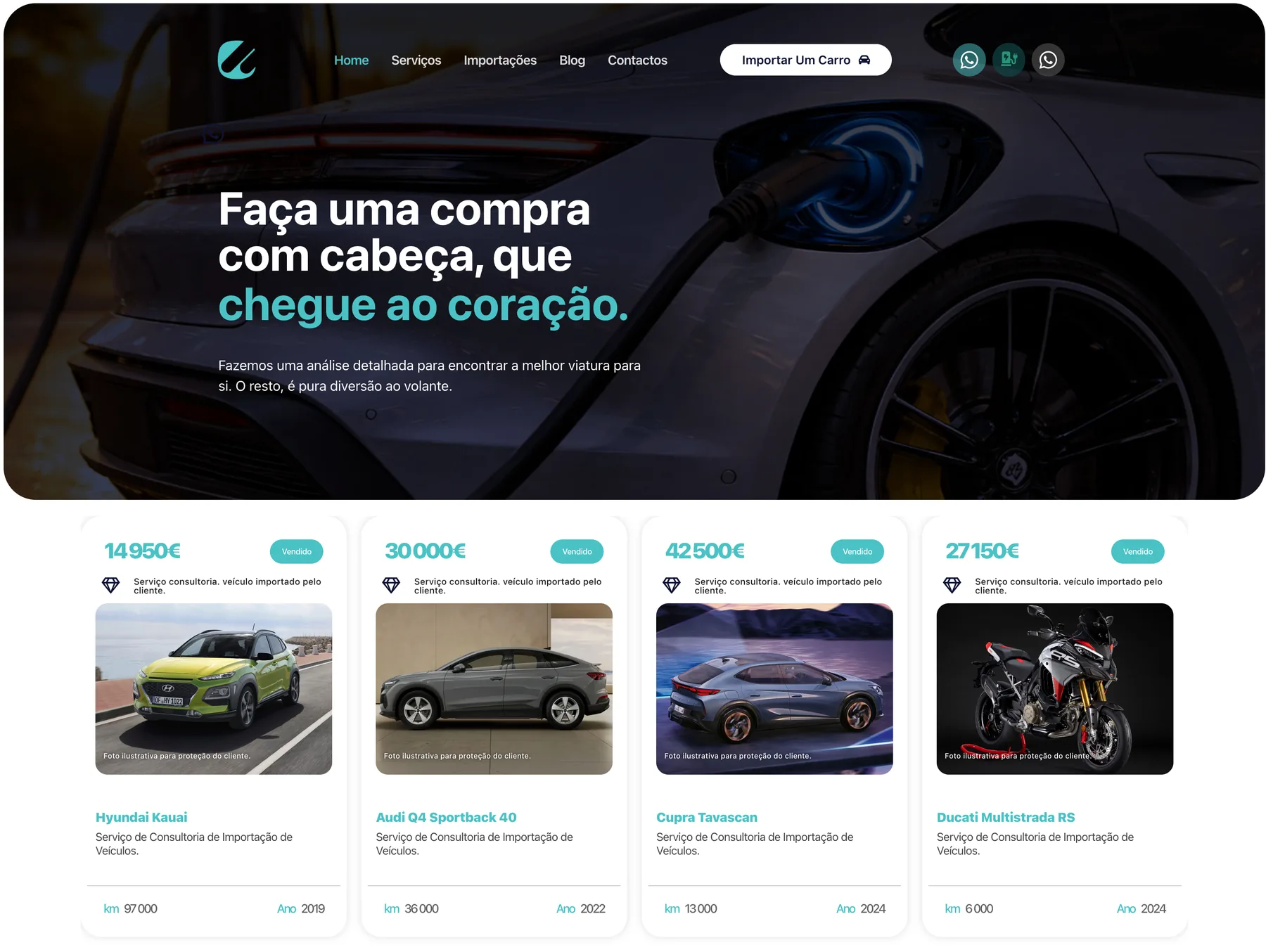Homepage da Eletricamente com um carro elétrico a carregar e o título “Faça uma compra com cabeça, que chegue ao coração.”