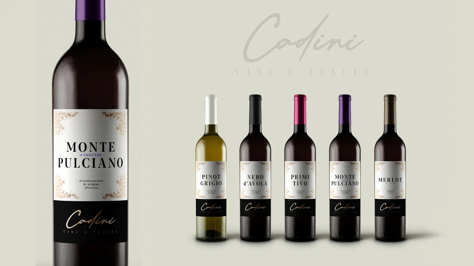 Gama de vinhos Cadini, Vini d’Italia: cinco garrafas com rótulos brancos e faixa preta