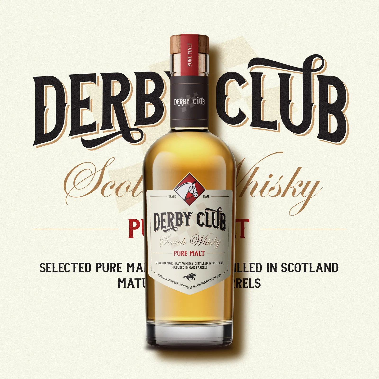 Garrafa de whisky Derby Club Pure Malt com tipografia vintage