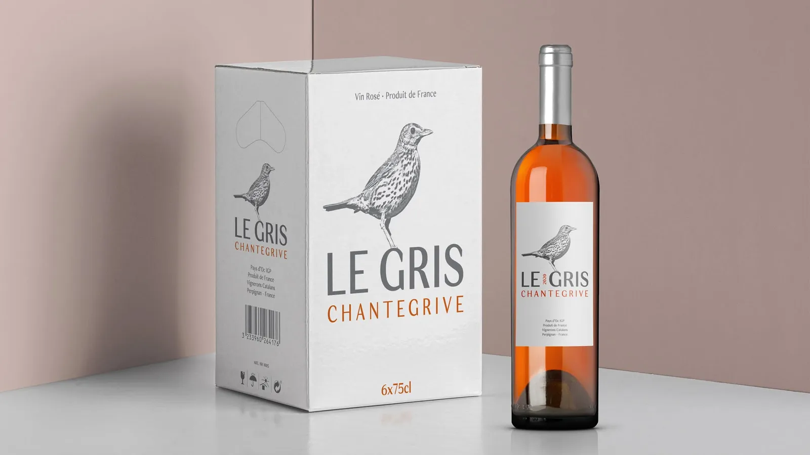 Caixa e garrafa do rosé Le Gris Chantegrive, com ilustração de um tordo