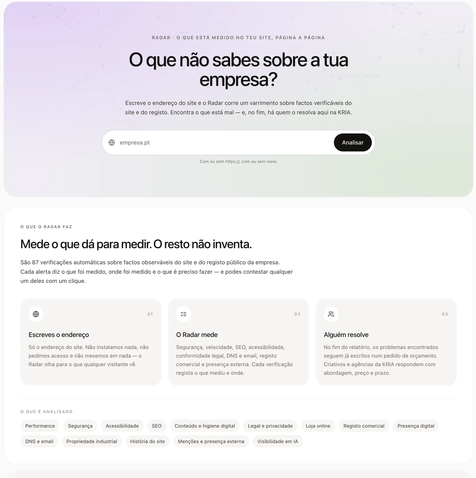 Radar: 87 verificações a qualquer site. O que está mal segue já escrito num pedido de orçamento.