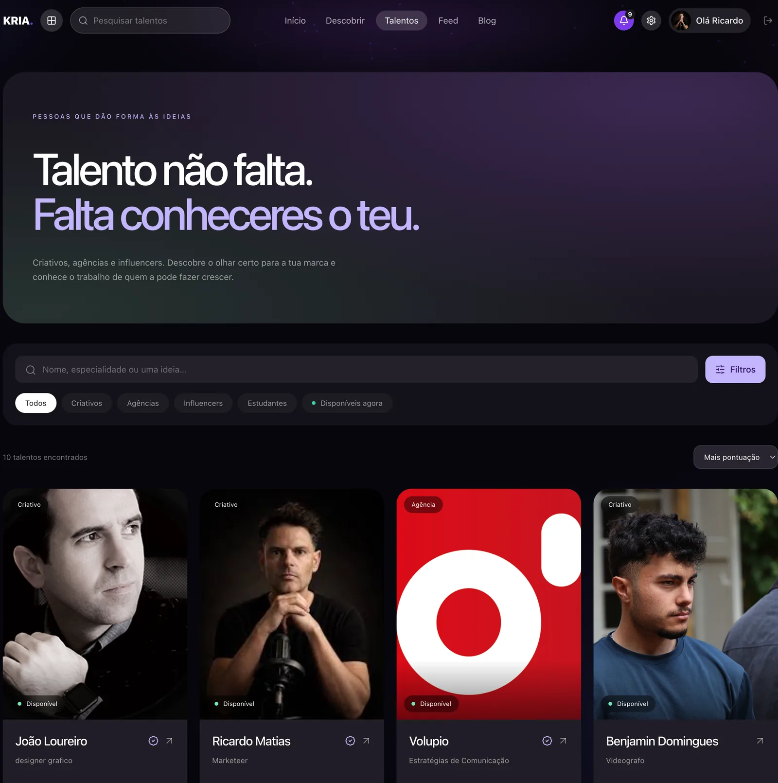 Talentos: Criativos, agências e influencers, com filtros e disponibilidade à vista.