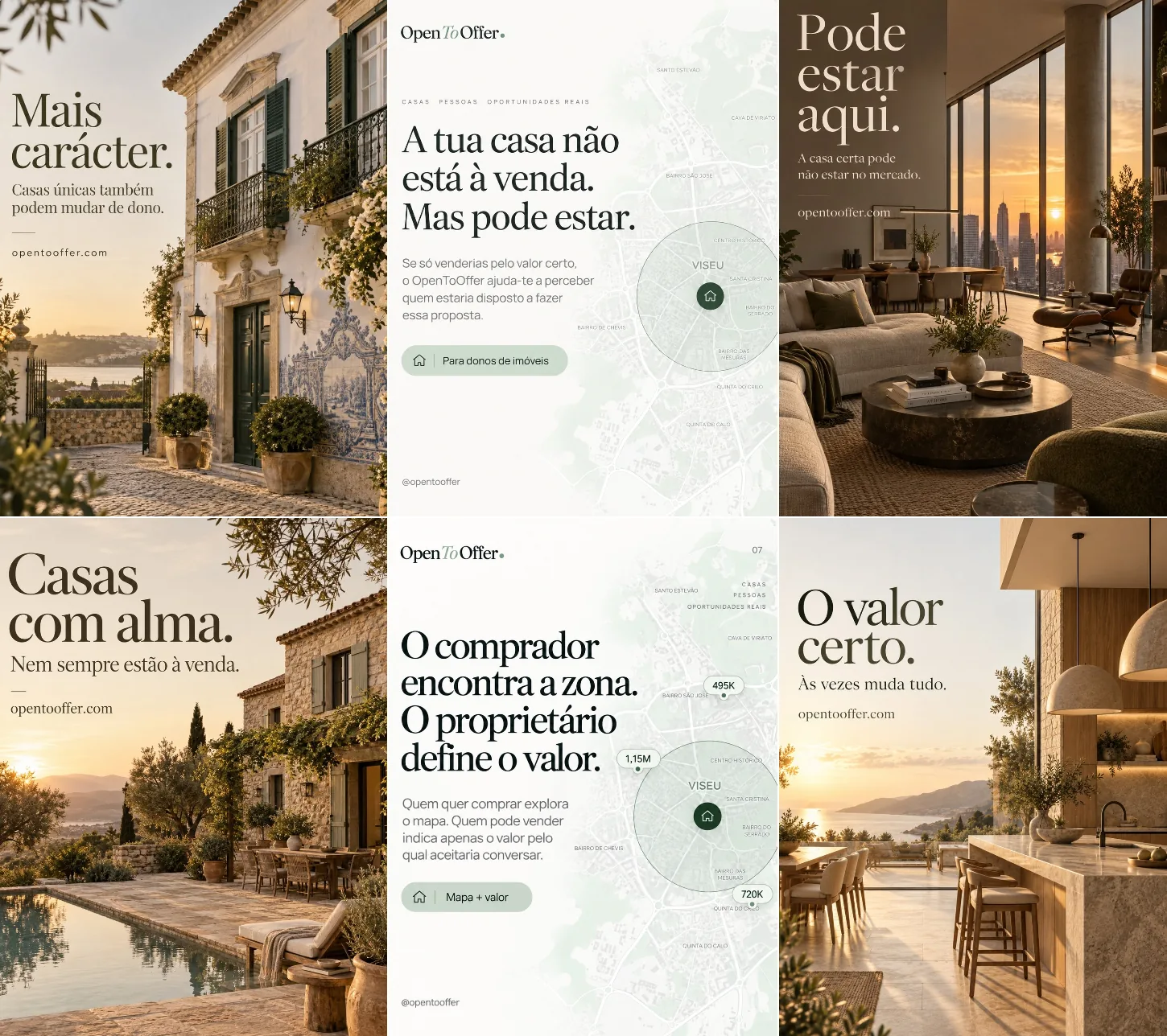 Campanha para as redes: Duas linhas: casas com carácter para quem compra, o mapa e o valor para quem é dono.
