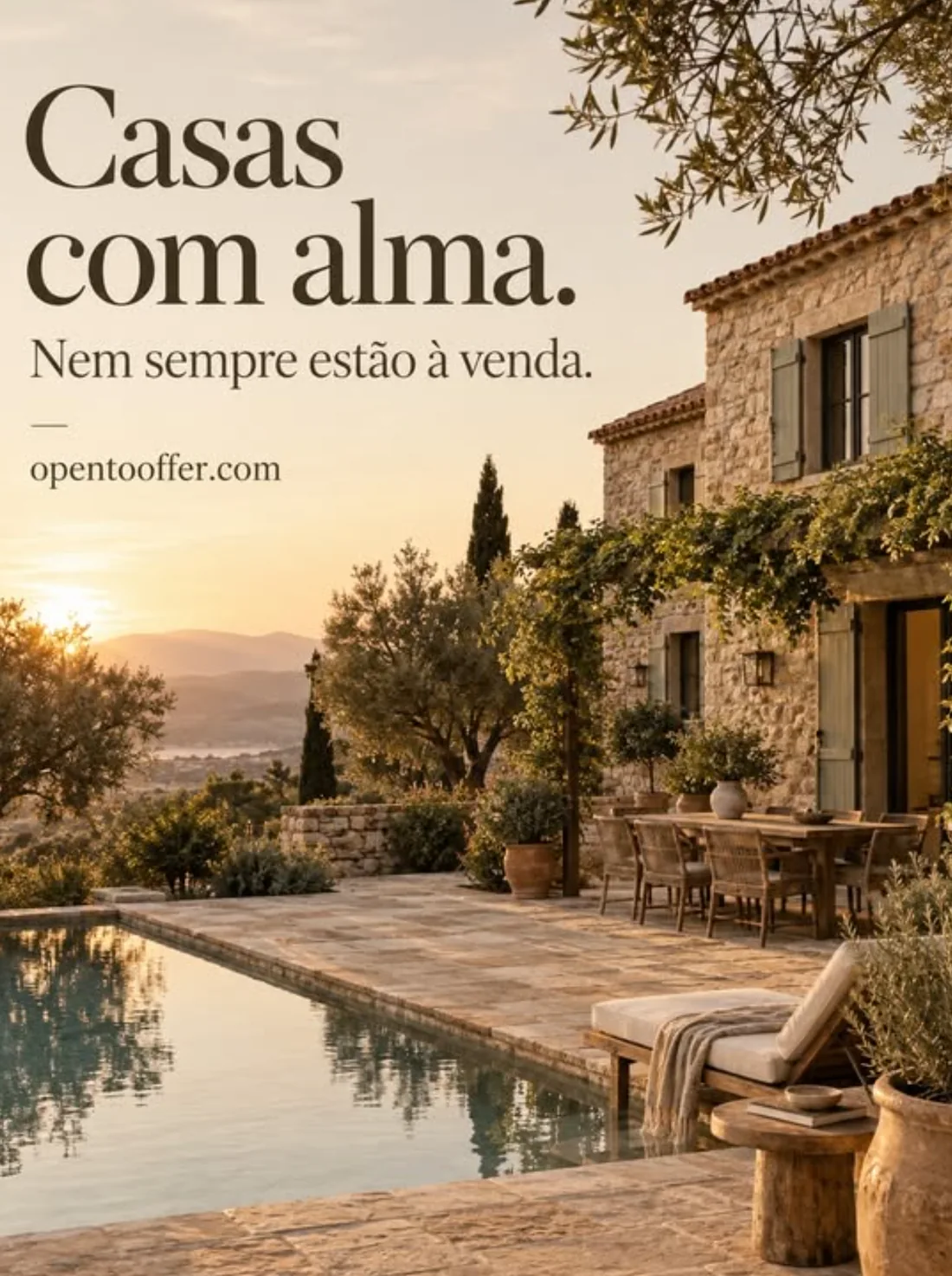 Cartaz “Casas com alma. Nem sempre estão à venda.” com uma casa de pedra ao pôr do sol
