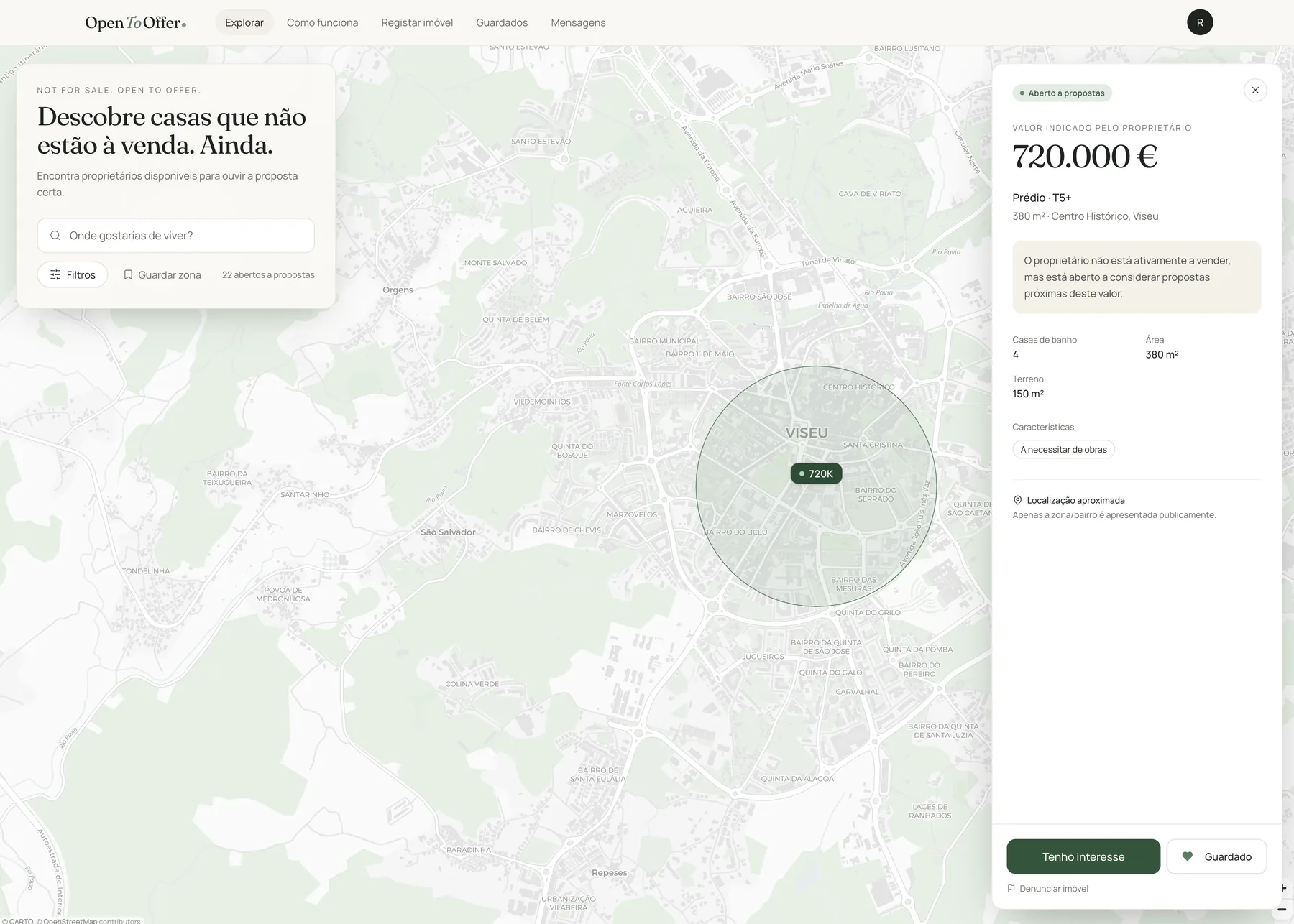 Mapa do OpenToOffer em Viseu com um imóvel aberto a propostas por 720.000 €, com o valor indicado pelo proprietário e localização aproximada
