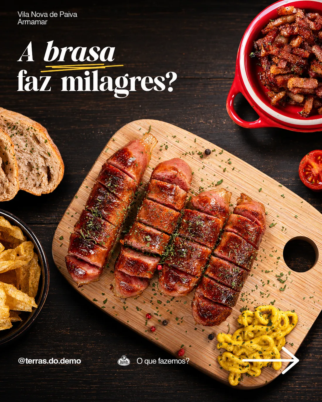 Publicação “A brasa faz milagres?” com salsichas grelhadas numa tábua