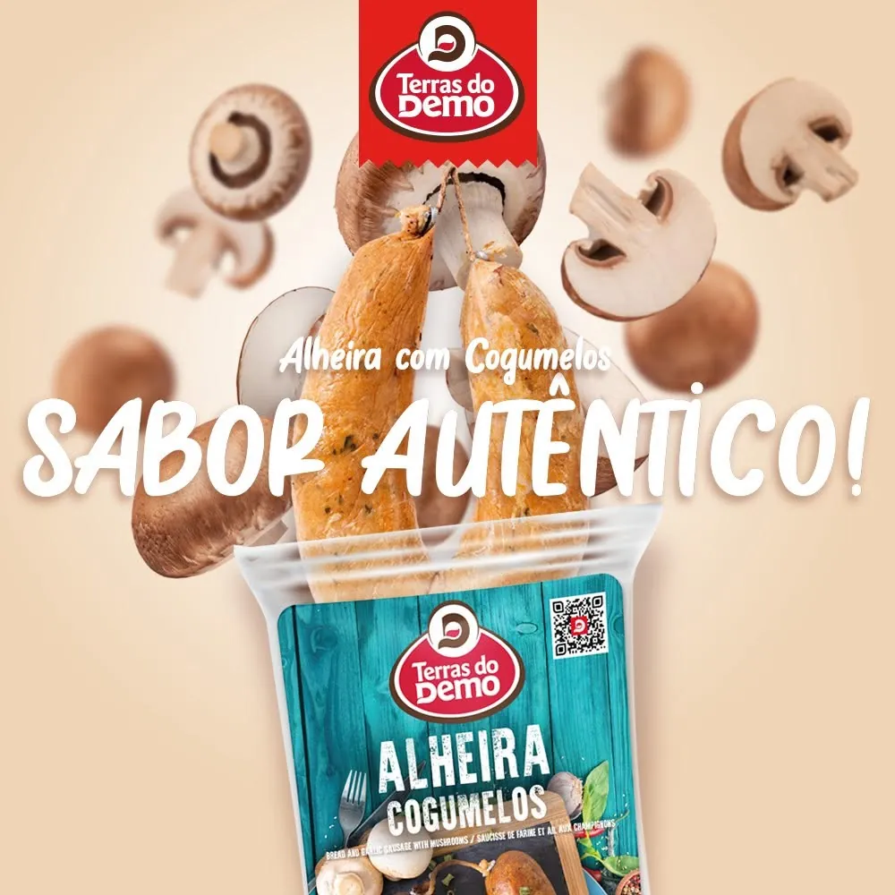Anúncio “Sabor autêntico!” da alheira com cogumelos a sair da embalagem