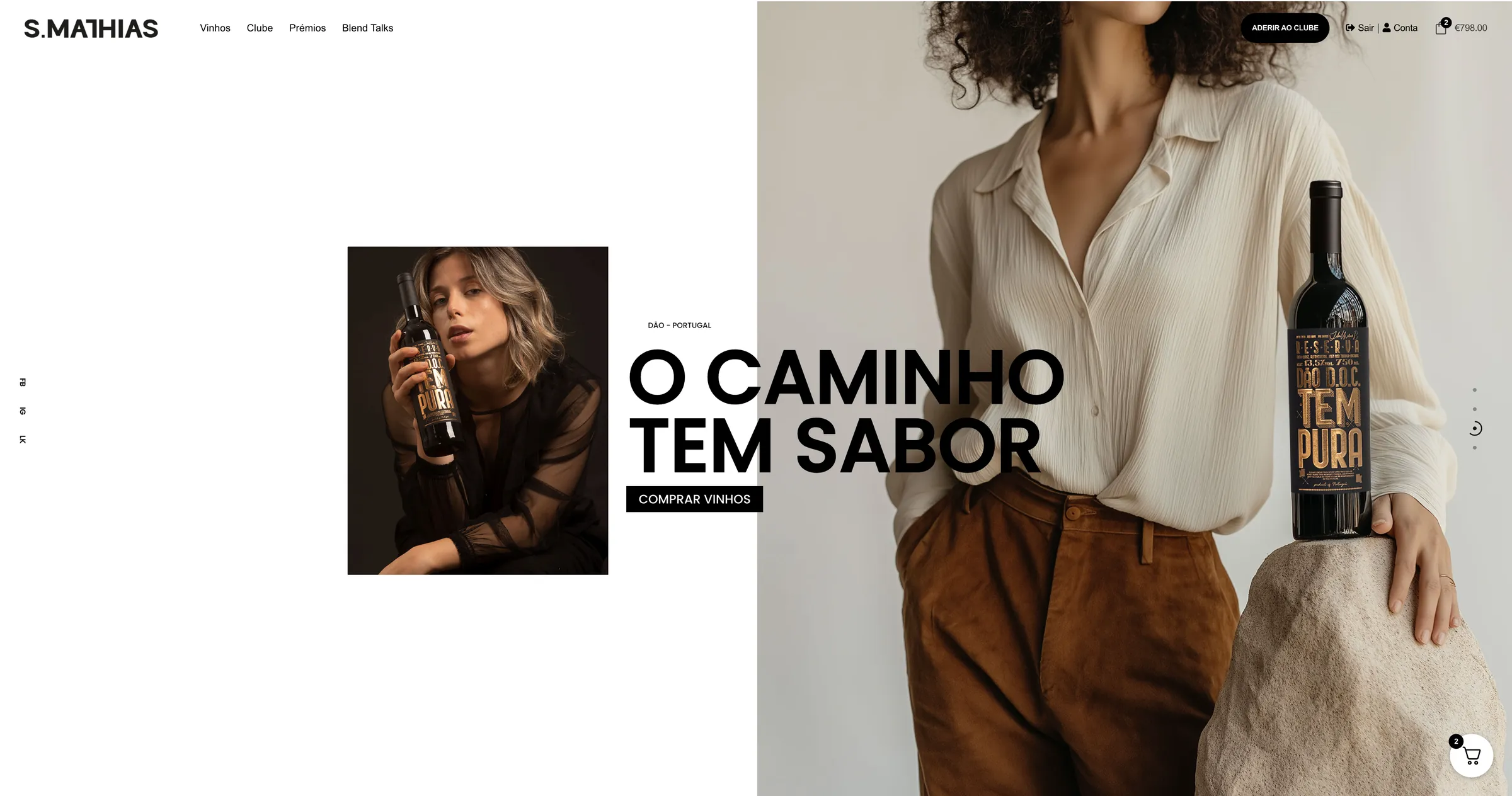Homepage da loja S.Mathias com a campanha “O caminho tem sabor” e a garrafa Tempura Reserva